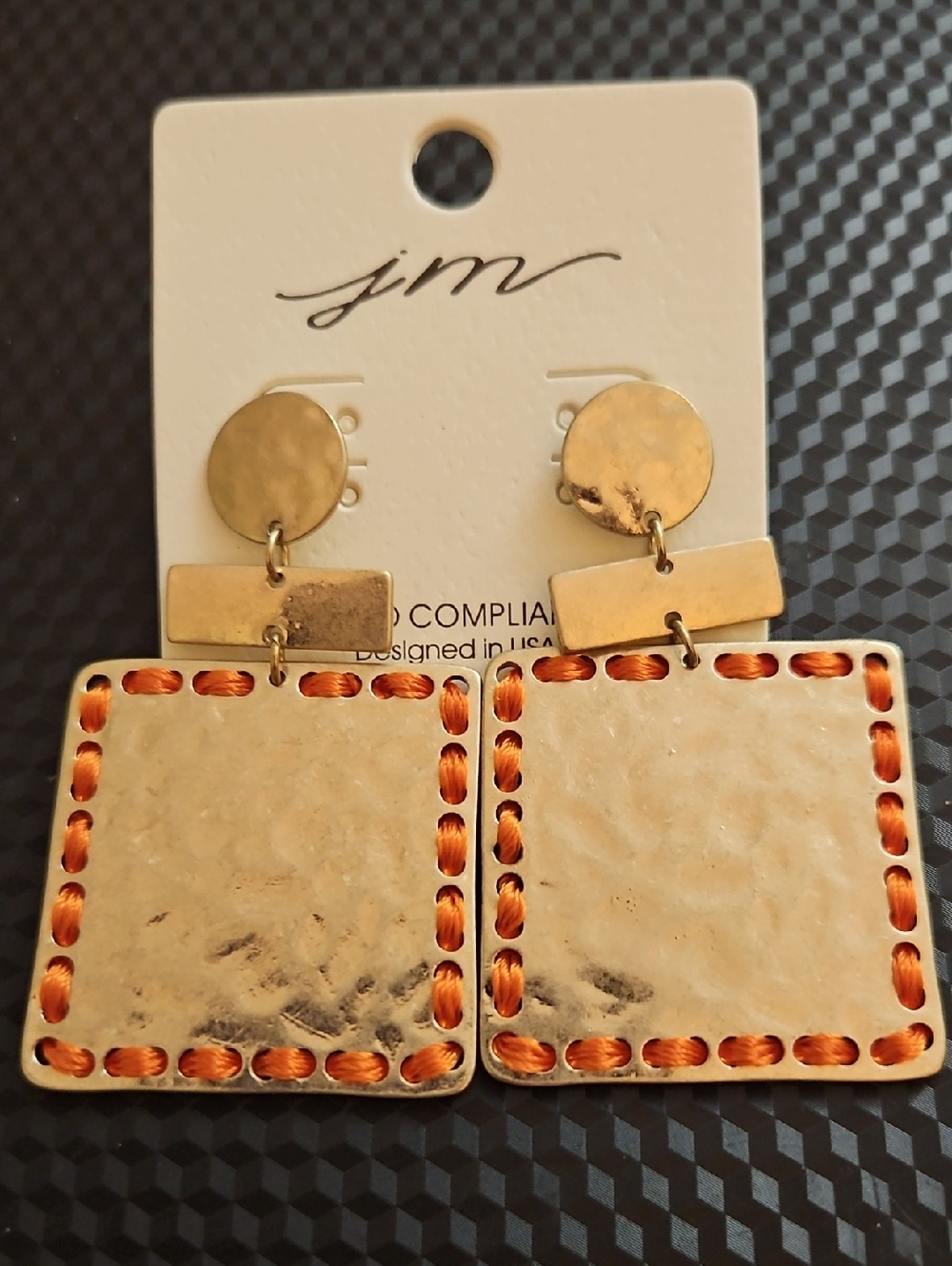 Gold Square Drop Earrings with Orange Accent Stitching